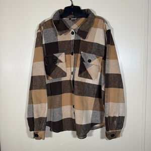 1Clinique Women’s Fleece Plaid Flannel Button up Jacket Brown Cabincore 3X